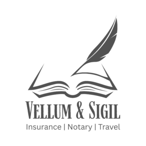 Logo of the business - An open book with a quill pen writing in it with 